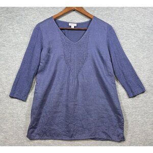 J. Jill Blue V-Neck Tunic Top XS 100% Linen 3/4 Sleeves‎ Textured Front